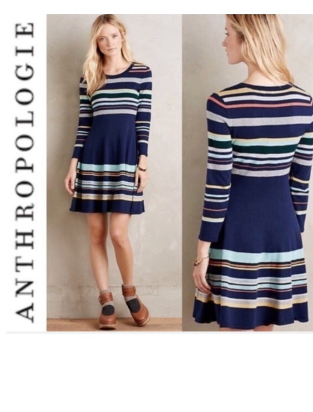 Anthropologie Moth Multicolored Luca Sweater Dress Striped Scoop Neck Sz M